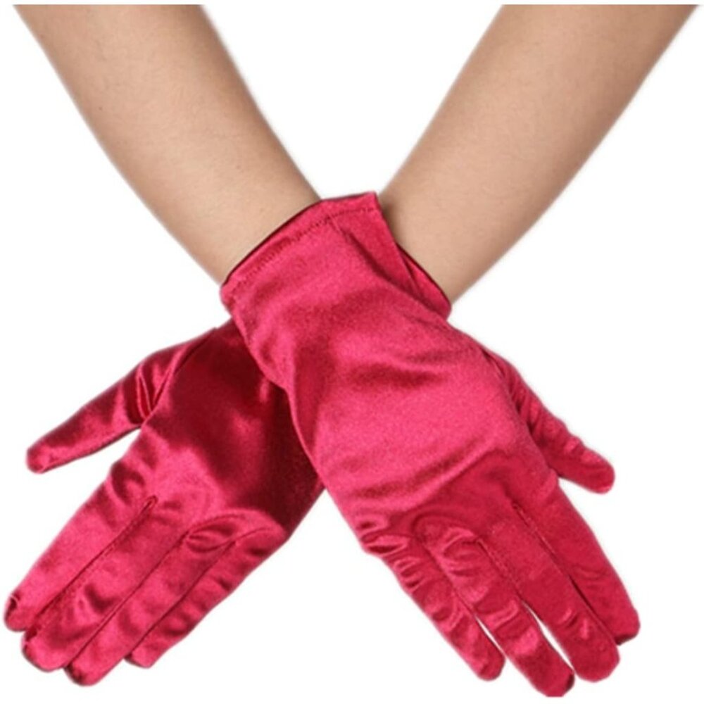 Women's Burgundy Vintage Short Length Satin Fabric Mittens Wrist Gloves Designed